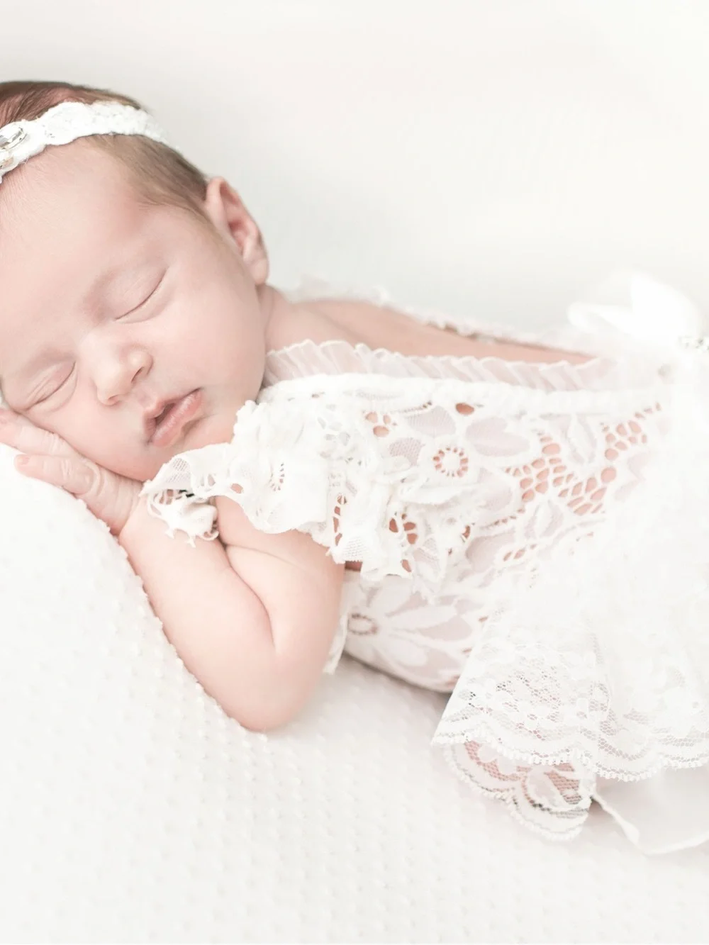 Custom Newborn Ivory Lace Photo Shoot Romper Rhinestone Bowp